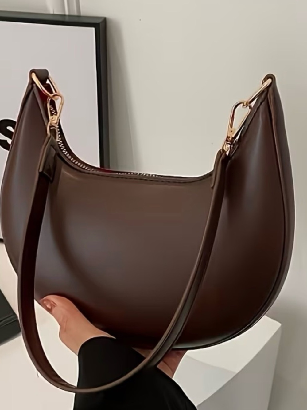 Elegant Dark Brown Crescent Mini Shoulder Bag with Gold Hardware